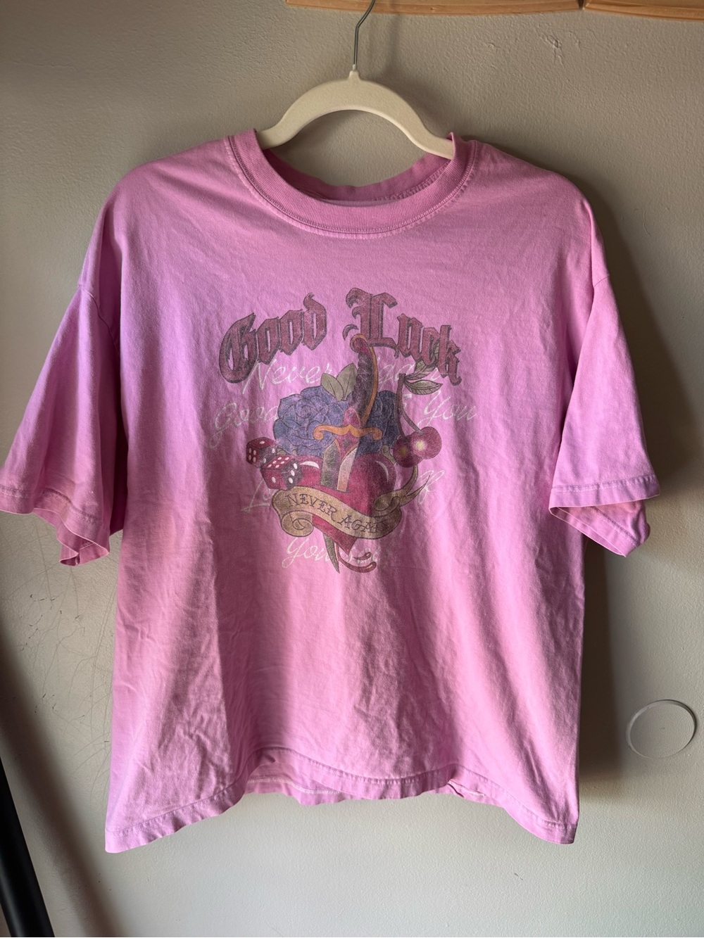 Full Tilt Pink Tattoo Graphic Tee Shirt Womens XL Dagger Heart Cherries Dice Y2K